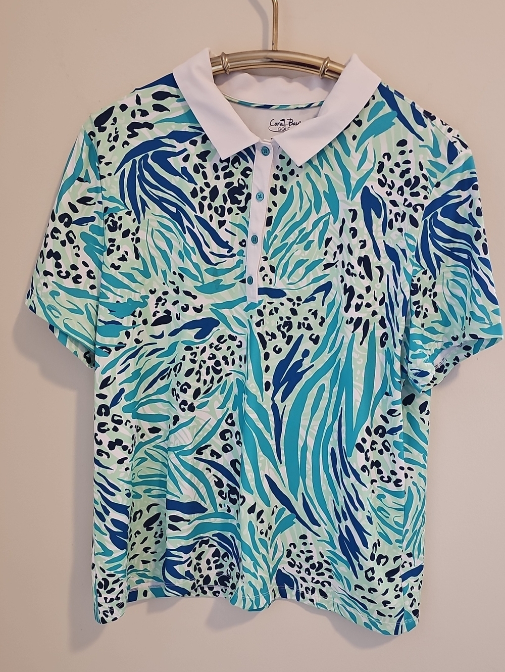 Turquoise & Navy Abstract Print‎ Golf Womens Top Henly With Calar. Size XL